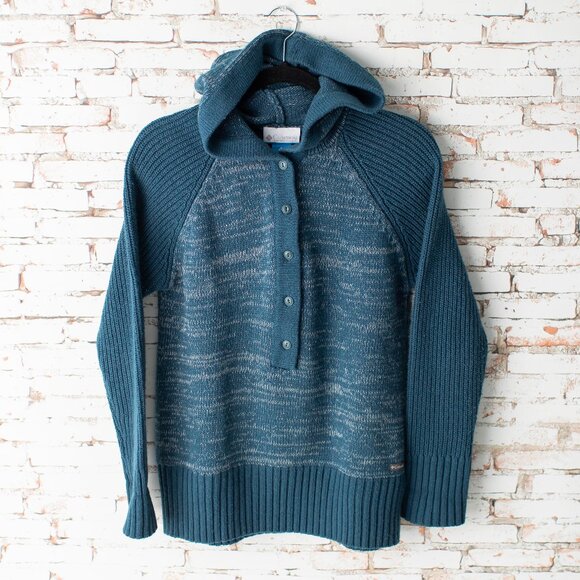Columbia Sweaters - Columbia Women's Large Hooded Sweater Teal Wool-Blend Button Pullover
